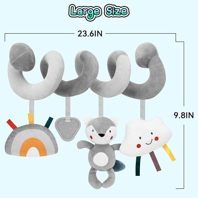 FPVERA Car Seat Toys for Babies 0-6 Months: Travel Baby Toy for Soft Hanging Toys for Carseat, Spiral Stroller Activity Toy Plush for Infant Boys Girls, Grey Fox