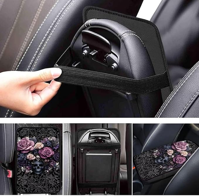 Skull Rose Print Armrest Cushion Cover for Car Dirt-Resistant & Scratch Proof Auto Armrest Seat Box Cover Protector Universal Fit Auto Interior Decor