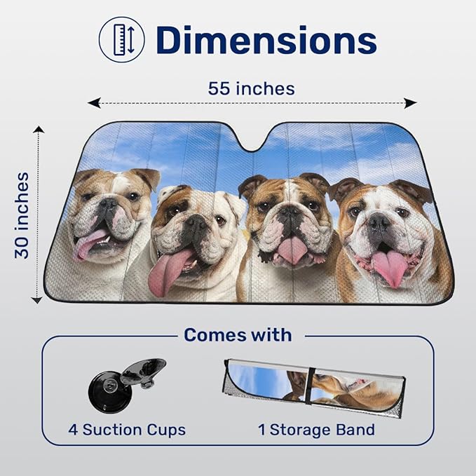 GENANY Cute English Bulldog Dog Group Funny Windshield Sun Shade for Car SUV Truck (55x30 Inches), Car Sun Shade Windshield, Protector Blocks UV, Spring Car Decor