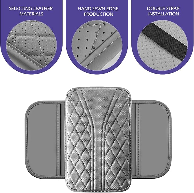 Car Center Console Cover, Leather Center Armrest Cover with Storage Bags, Automotive Heightening Console Protection Pad, Universal for Cars, Trucks, SUVs (Grey)