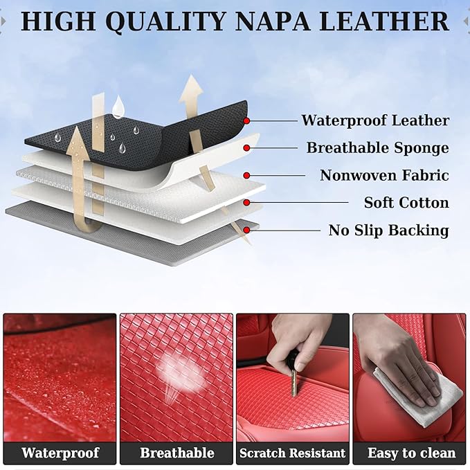 Coverado Car Seat Covers Full Set, Red Seat Covers for Cars, Waterproof Nappa Leather Automotive Seat Covers with Lumbar Head Pillow, Car Seat Protectors, Universal Fit for Most Cars SUV