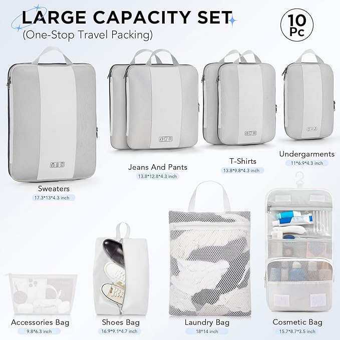 10 Set Compression Packing Cubes for Travel Essentials,Compressible Expandable Packing Cubes for Suitcase,OlarHike Luggage Organizer Bags for Travel,Handy Helper for Organizing Clothes(White)