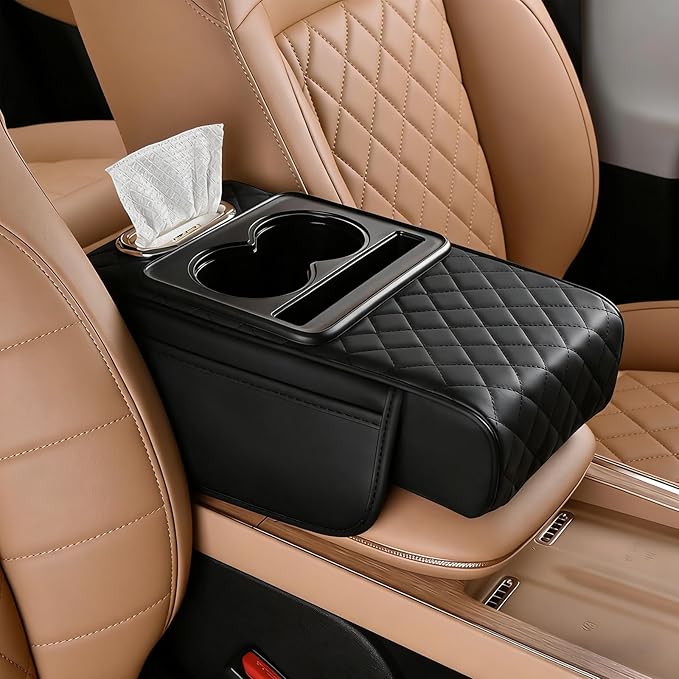 Car Armrest Cushion, Car Center Console Cover, Leather Armrest Cover for Car, Universal Middle Console Cushion with Storage Box, Cup Holder, Phone Slot, Waterproof Interior Accessories (Black)