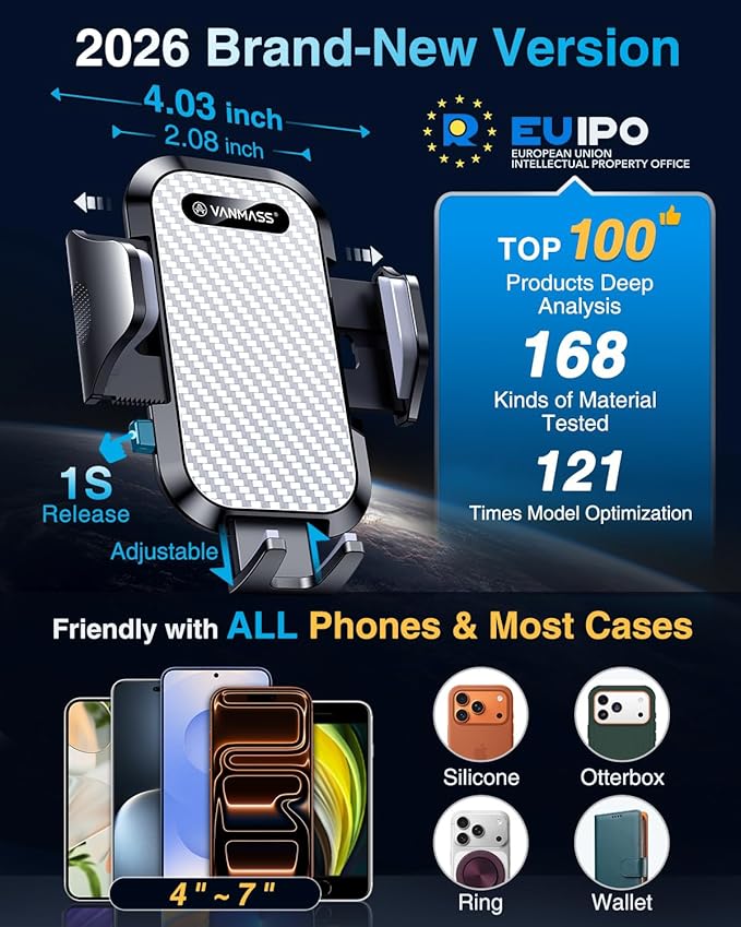 VANMASS Phone Holders for Your Car Ultimate Military-Grade Car Phone Holder Mount【Patent & Safety Certs】Upgraded Shockproof Truck Air Vent Phone Mount for iPhone 17 Pro Max 16 Samsung Android,Silvery
