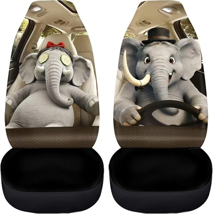 Elephant Car Front Seat Covers Set of 2 Funny Nonslip Car Seat Covers Front Seats Only Stretch Polyester Fabric Cover Cars Seats Covers Protector for Cars Sedans SUVs