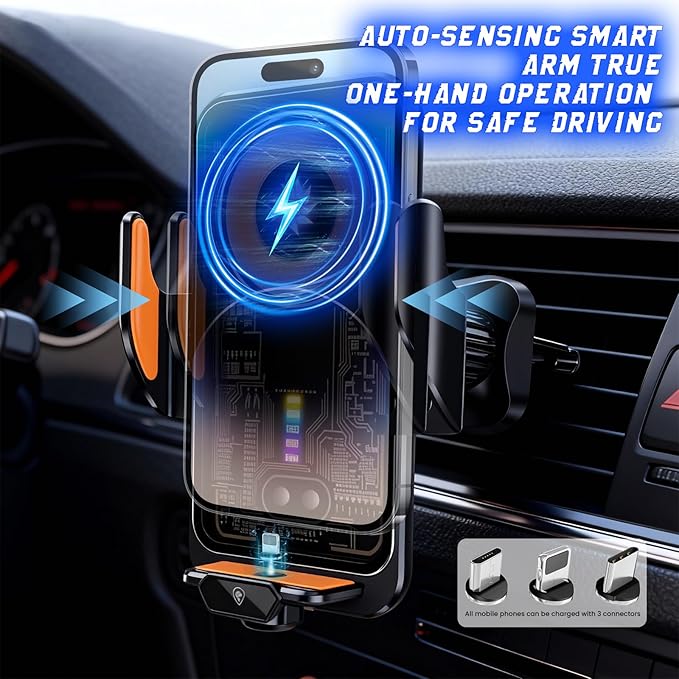 Fast Wireless Car Charger Wireless Charging Phone Mount for Car Magnetic Navigation Car Phone Holder Automatic Smart Sensor Clamping Rotating with Charger Station Fast Wireless Charger Max 120W(Black)