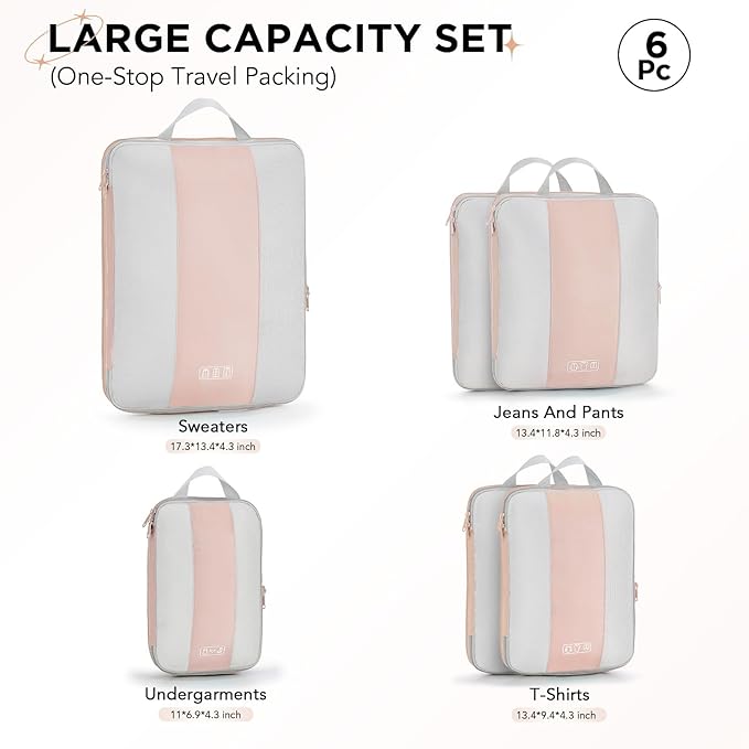 6 Set Compression Packing Cubes for Travel Essentials,Compressible Expandable Packing Cubes for Suitcase,OlarHike Luggage Organizer Bags for Travel,Handy Helper for Organizing Clothes(Beige)