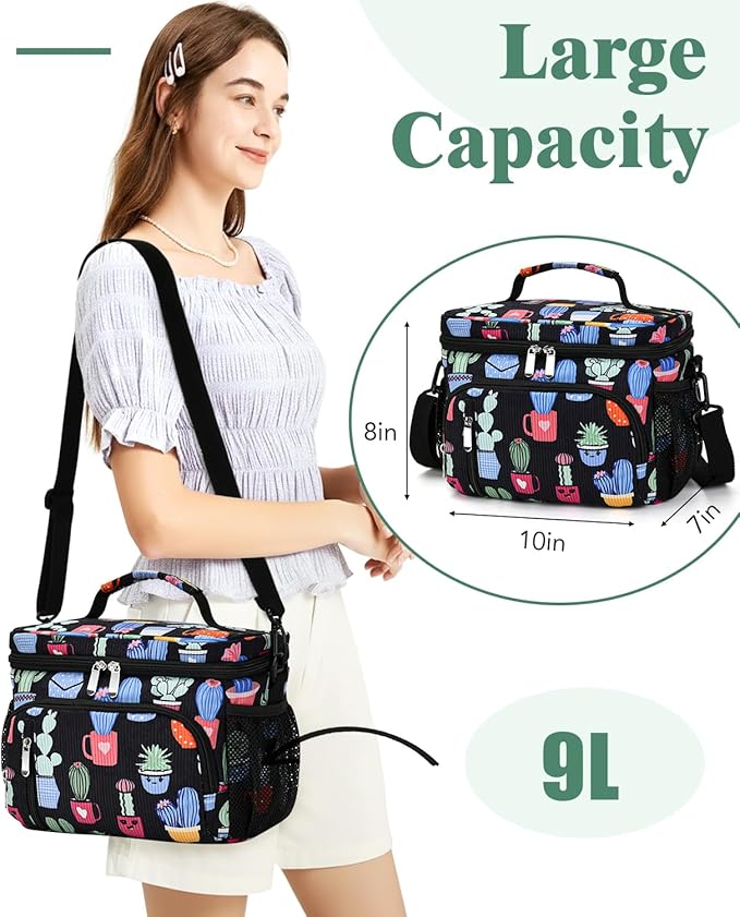 Insulated Lunch Bag for Men & Women, 9L Leakproof Lunch Box Soft Cooler Tote with 5 Pockets, 600D Oxford, EVA Lining, Adjustable Strap for Work, Picnic, Beach&Travel-Corduroy Cactus