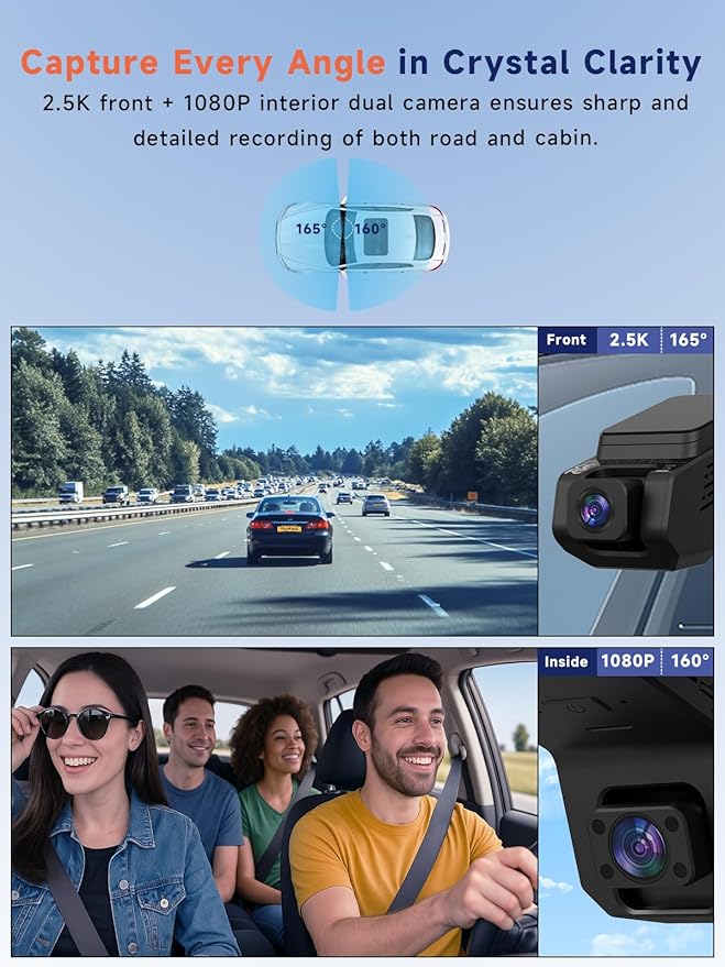 Dash Cam Front and Inside, 2.5K+1080P Dual Camera for Cars, Hidden Car Camera Front and Interior with Super Night Vision, 4 IR LEDs, G-Sensor, 24H Parking Mode, Loop Recording, 32GB Card Included
