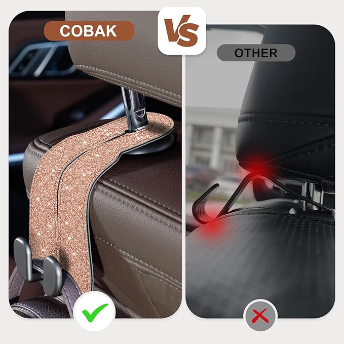 CoBak Purse Hook for Car - Universal Premium Stitched Leather and Aluminum-Magnesium Alloy Double Car Seat Back Storage Hook for Purses, Handbags, Bags (2 Pack),Glitter Rose