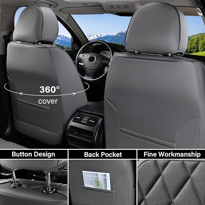 Coverado Car Seat Covers, Front Seat Cover, 2 Pack Luxury Faux Leather Seat Covers for Cars, Waterproof Car Seat Protector, Gray Car Seat Cover, Universal Car Seat Protectors Fit for Most Cars