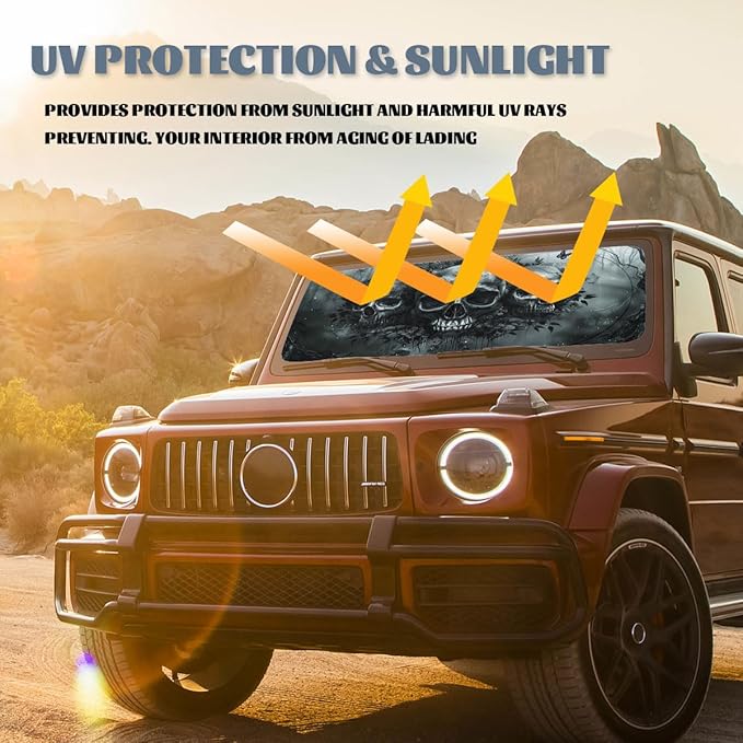 Skull Car Windshield Sun Shade Skeleton Black Forest Art Heatshield Front Window Car Sun Shade Windshield Blocks UV Rays Sun Visor Protector for Car Sedan Truck SUV Accessories 59x31.5 Inch