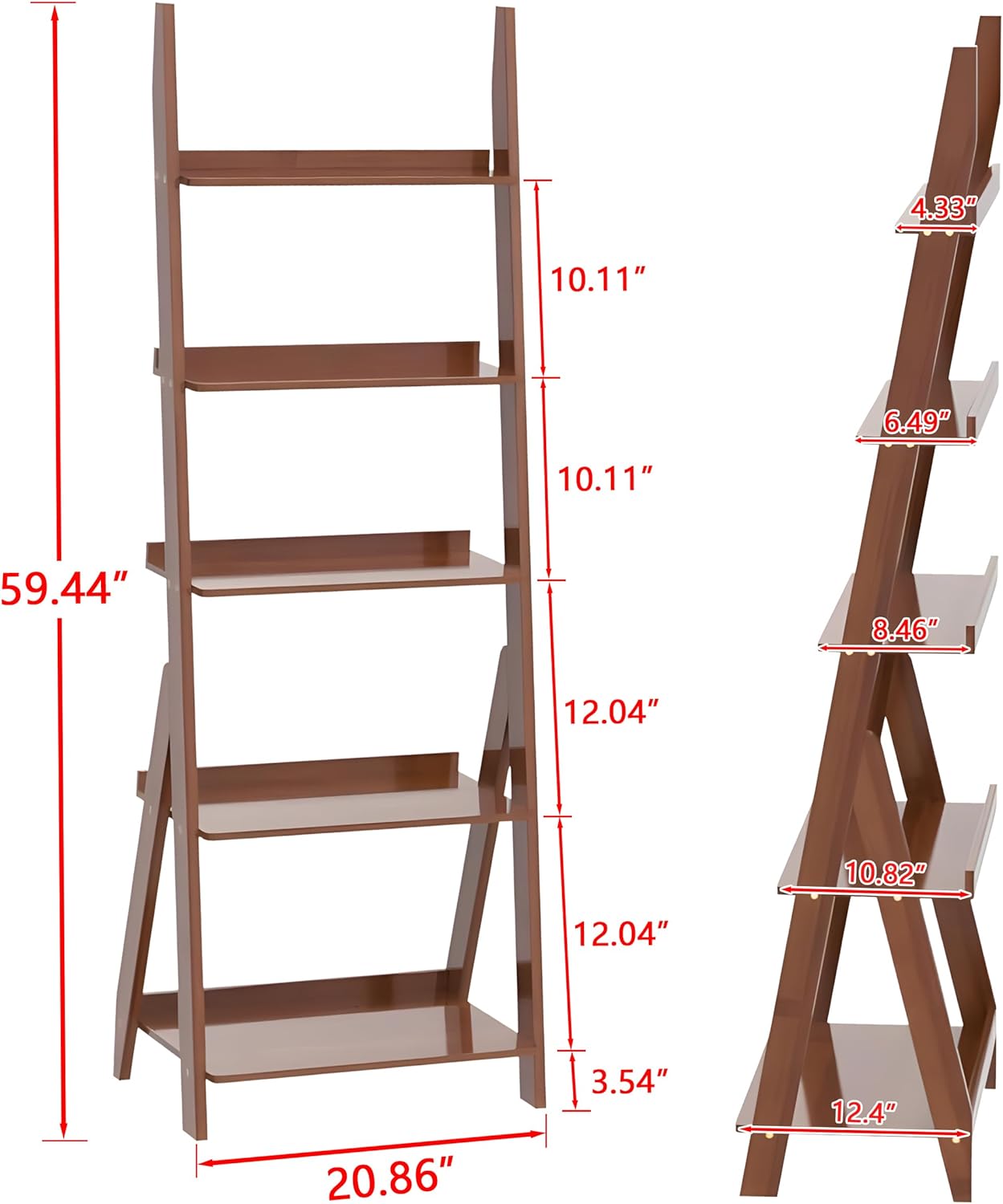 Maydear Bamboo Ladder Shelf Bookcase, 5-Tier Leaning Bookshelf Free Standing Organizer Storage Shelves for Living Room, Bedroom, Kitchen, Home Office, Balcony, Walnut