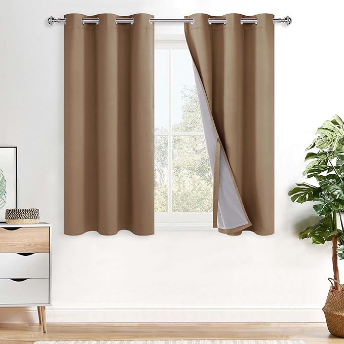 XWZO Full Shading Blackout Curtains 45 Inches Length - Heat and Light Blocking Ring Top Window Drapes with Black Liner Backing for Bedroom Sewn with Tiebacks, Cappuccino, W42 x L45, Set of 2 Panels