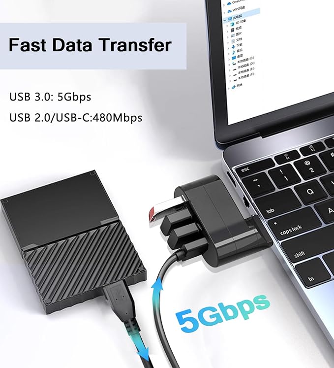 4-Port USB 3.0 Hub [90°/180° Degree Rotatable], Powered USB Hub with 1 x USB C Power/Data Port, USB Expander USB Splitter for Laptop, PC, Car, iMac, MacBook Air/Pro, Tesla-2 Pack