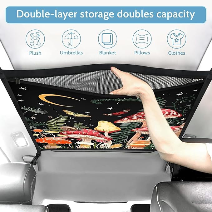 Mushroom Galaxy Car Storage Mesh Organizer Ceiling Cargo Net Double-Layer Adjustable Zipper Truck SUVs Travel Road Trip Essentials etc. Interior Organizer