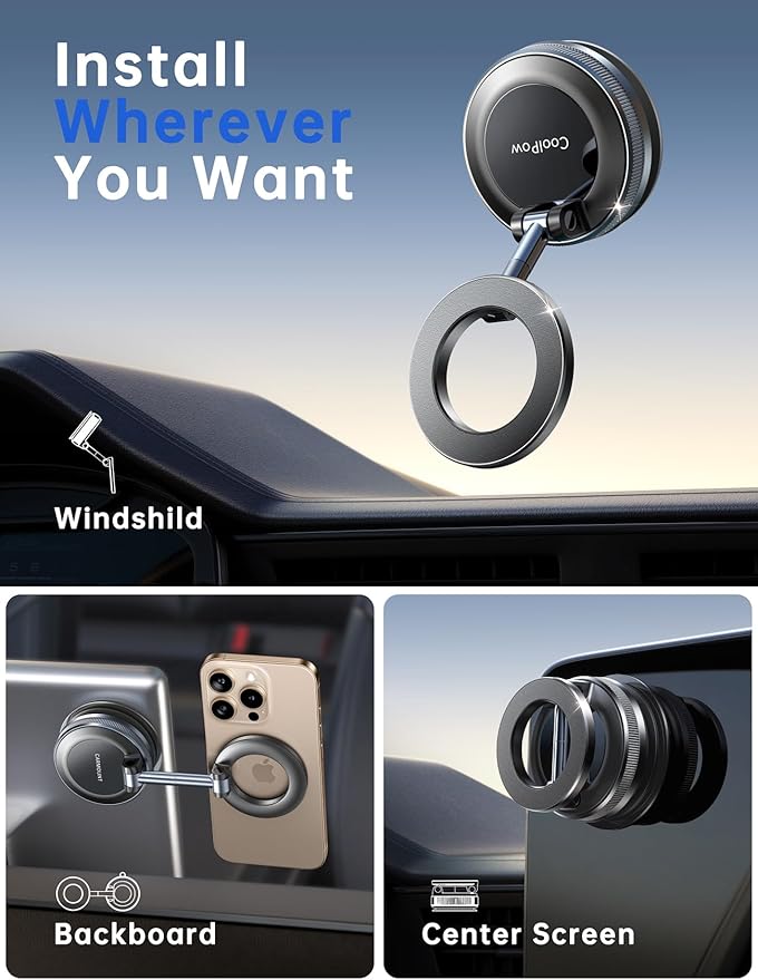 Coolpow【Newest Vacuum Magnetic Phone Holder for Car Phone Holder Mount【Movable Vacuum Suction】 Magsafe Car Mount Cell Phone Holders for Your Car Accessories for Women Men for iPhone 17 16 15 14 Kits