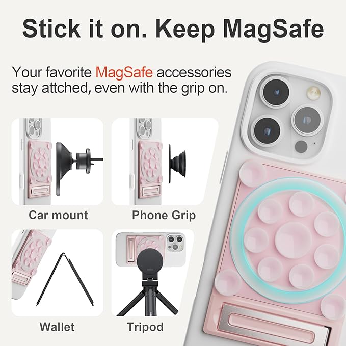 SEMBO Silicone Suction Phone Case Adhesive Sticky Grip Stand with Mag-Back for MagSafe Car/Wall Mounts, Strong Magnetic Holder for Fridge, Gym Equipment, Shower, Hands-Free Selfie (Pink, Magnetic)