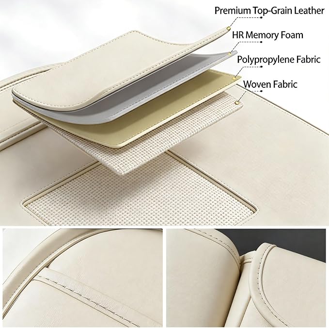 2 Pack Universal Premium Leather Foldable Car Backseat Organizer with Table Tray, Car Seat Back Protector with Garbage Bag Touch Screen Pad Holder, Car Kick Mats with Tissue Box (Beige)