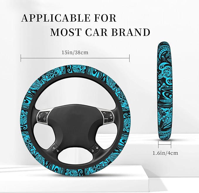 Hawaiian Polynesian Teal Tribal Car Steering Wheel Cover for Women Men 14-15 Inch Stretch Cloth Anti-Slip Wrap Protector Case Fit Universal Auto Accessories Decor Sweat Absorption