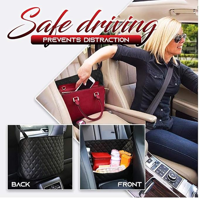 Car Handbag Holder Between Seats Back Storage Organizer Net Pocket Purse Holder Tissue Purse Holder, Driver Storage Pouch for Handbag Cup