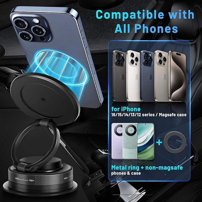 Magnetic Phone Holder for Car 360° Adjustable & Foldable Car Phone Holder Compatible MagSafe Hands-Free Suction Cup Phone Mount for iPhone & Android & All Vehicle/Car/Gym/Mirror