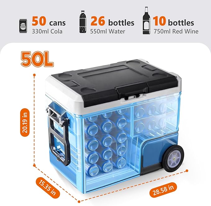 OLIXIS Portable Car Refrigerator, 53QT Dual-Zone Electric Cooler for Vehicles with Wheels & Cutting Board, -4℉-68℉ Freezer Smart Control via Bluetooth, Battery Protection, 12/24V DC & 100-240V AC