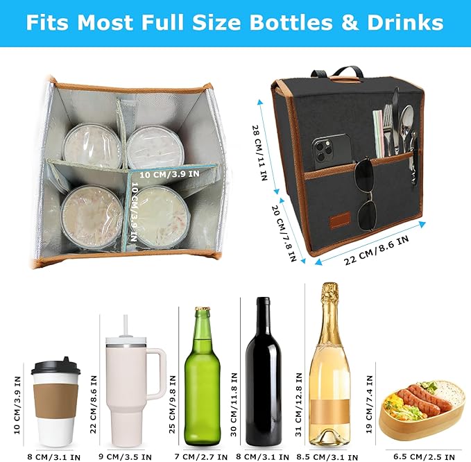 4 Cup Drink Carrier with Handle, Reusable Insulated Cooler Drink Caddy for Car Cup Holder, Foldable Coffee Carrier Bag with Adjustable Dividers, Portable for Car, Travel, Picnic Party, Food Delivery