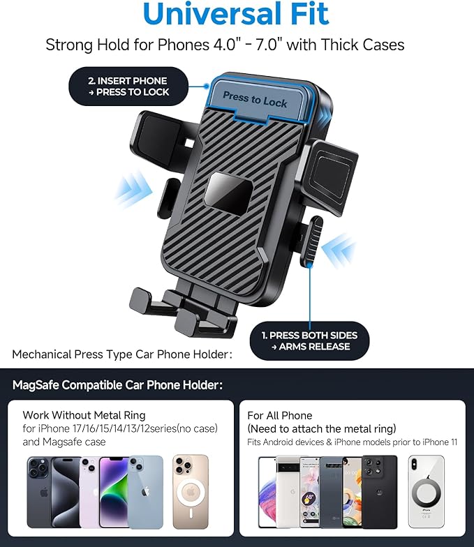 Dual Cup Phone Holder for Car, Cup Mount, Holds 2 Phones Simultaneously, car Phone Mount Compatible with MagSafe, Fits iPhone/Samsung/Motorola/Google/LG/TCL & 4.0-7.0 Inch Smartphones