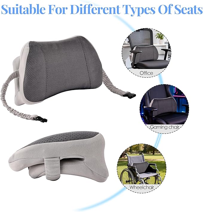 Lumbar Support Pillow for Office Chair and Car, Memory Foam Back Cushion Provides Lumbar Support to Relieve Back Pain, Ideal for Driving and Office Use (Gray)