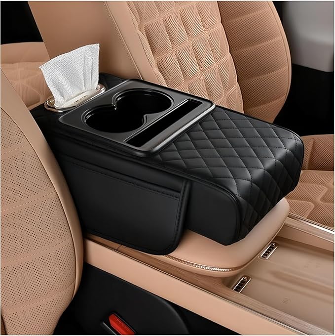Priprilod Car Center Console Armrest Pillow, Leather Memory Foam Car Armrest Cushion with Cup Holder & Phone Holder, Universal Armrest Storage Box Protector for Most Vehicles, Car Accessories (Black)
