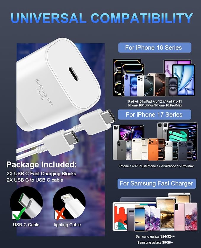 Phone 17 16 15 Charger Fast Charging,30W USB C Phone 17 16 15 Pro Max Charger Block & 8FT Long Type C Cable Cord for i.Phone 17/Air/17 Pro/17 Pro Max/16/16 Pro/16 Pro Max/15/15 Pro Max,White