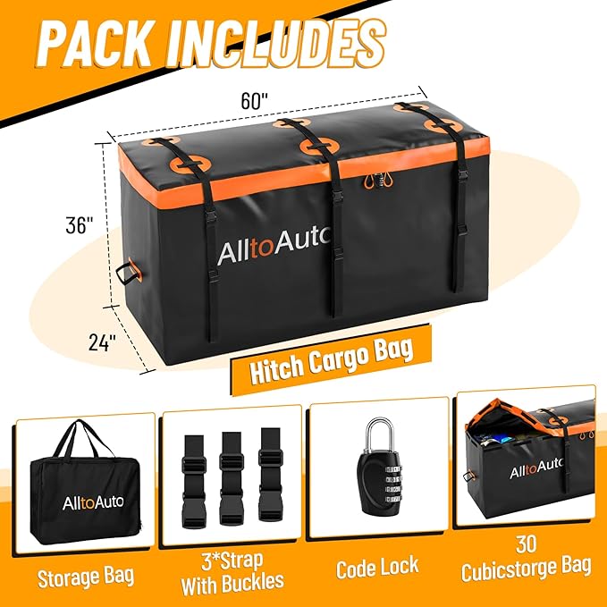 30 CuFt Waterproof Cargo Bag for Hitch Carrier | 60"x24"x36" Trailer Hitch Cargo Carrier | Weatherproof Truck Bed Storage with Straps, Lock & Carry Case | PVC Vehicle Soft-Shell Carriers