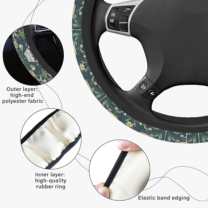Green Flowers Plants Steering Wheel Cover, Cute Print Steering Wheel Cover Protector, Personalized Pattern Design, Car Accessories for Women, for Steering Wheel with a Diameter of 14.5"-15"