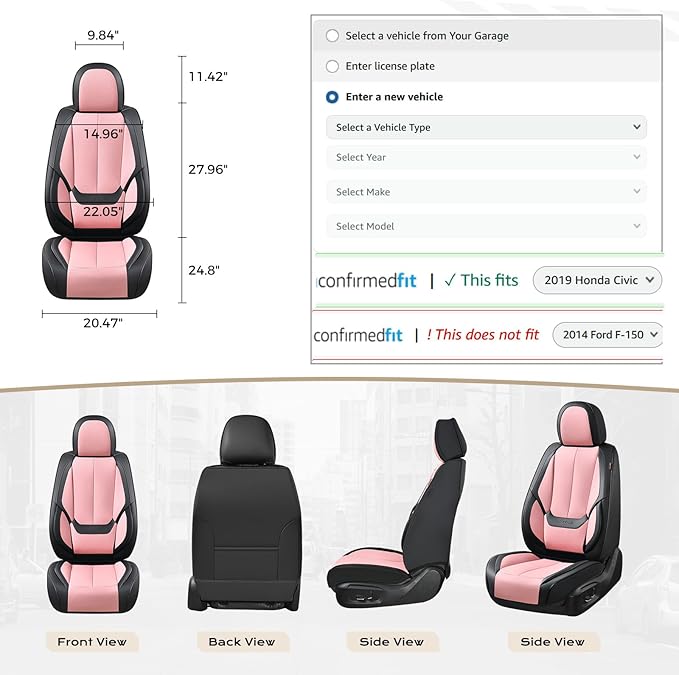 Coverado Car Seat Covers Full Set, Seat Covers for Cars, Black Car Seat Covers Front Seats and Back Car Seat Protector Waterproof, Leather Car Seat Cushion Universal Fit for Most Cars Pink