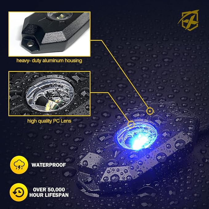 Xprite RGBW LED Rock Lights Kit with Bluetooth & Wireless Remote Controller, Multicolor Cars Underglow, Wheel, Footwell Neon Light Kits, for Off-Road UTV ATV Trucks SUV Motorcycle Boats - 10 Pods