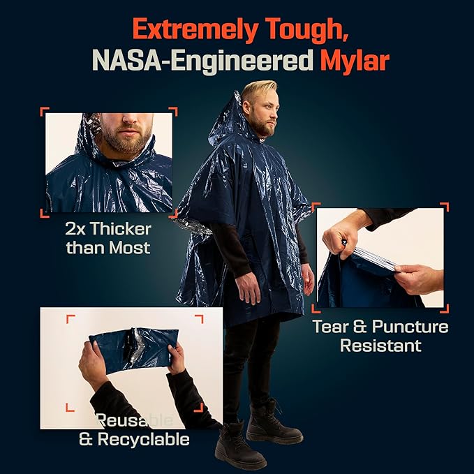 PREPARED4X Emergency Mylar Poncho – Survival Rain Poncho with Hood – Lightweight, Compact, Reusable Emergency Blanket Poncho for Hiking, Camping, Thermal Gear, Car Kit, Outdoors