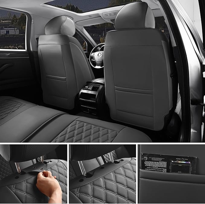 Car Seat Covers Front Seats, Luxury Faux Leather Car Seat Covers Waterproof Non-Slip Seat Protector Universal Fit for Most Cars SUVs Trucks Pick-ups, Grey Car Accessories Interior