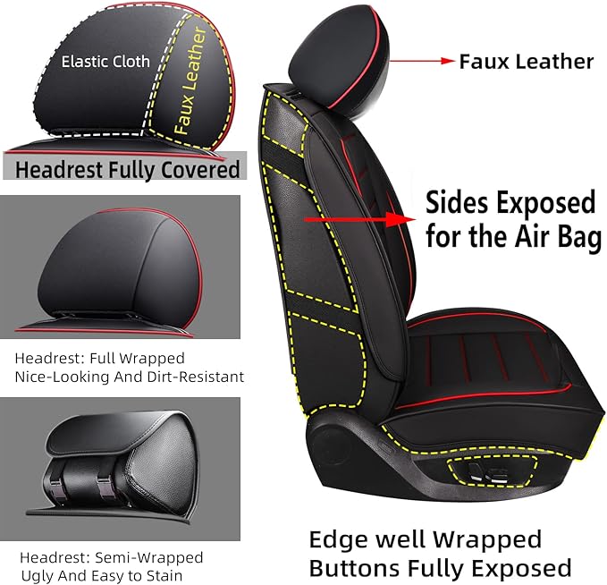 CAPITAUTO Seat Covers, Car Seat Covers Full Set, Black Car Seat Cover, Car Seat Covers Front Seats Back Seat Cover, Waterproof Faux Leather Seat Covers Fit for Most Cars Trucks SUV(Black&Red)