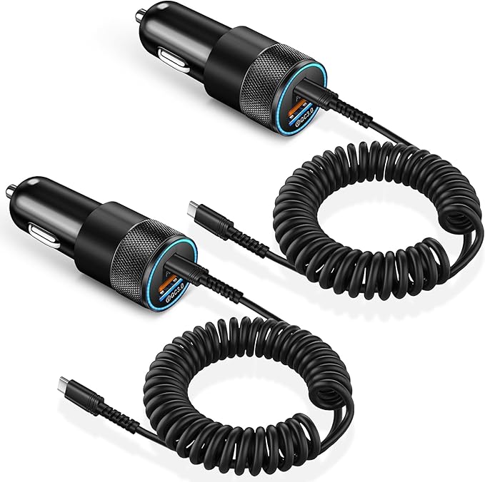 Car Charger Fast Charging 2 Pack, 38W USBC Power Cigarette Lighter Car Charger, Multi Port PD/QC 3.0 Cargador para Carro with 6FT Coiled Type C Charging Cable for Phone iPhone 16/15 Pro, Carplay