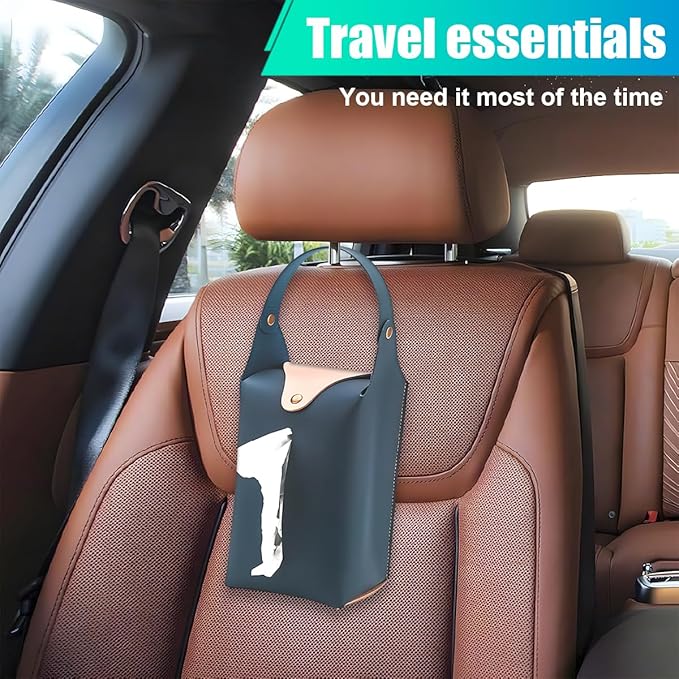 Car Tissue Holder, Large Car Headrest Hanging Tissue Box Cover, PU Leather Auto Napkin Holder, Universal Vehicle Backseat Paper Organizer for Cars Sun Visor (Blue)