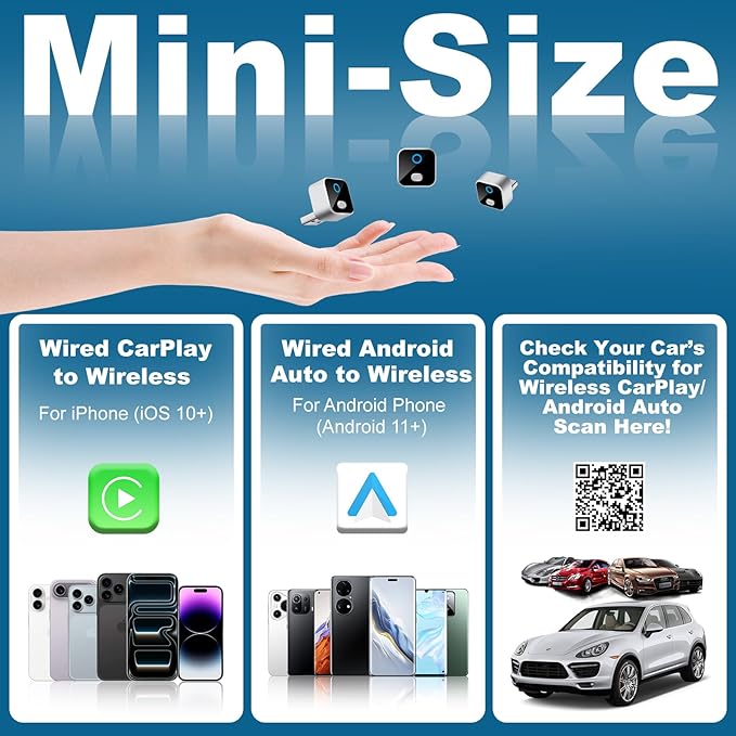 Wireless CarPlay & Android Auto Adapter, One-Click Switch Mini Size WiFi 6 & Bluetooth 5.4 Adapter, Fast Auto-Reconnect, Compatible with iOS 10+/Android 11+, for Factory Wired CarPlay Cars
