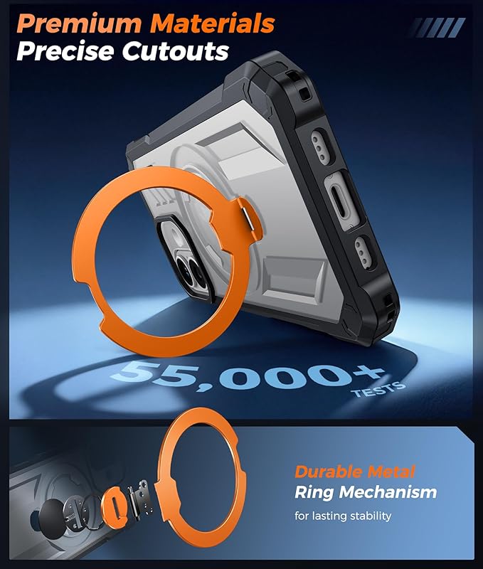 FNTCASE for iPhone 17 Phone Case: [360 Spin Magnetic Ring Kickstand] [Compatible for MagSafe] [Screen Protector] Heavy Duty Military Grade Protection Protective Phone Case with Stand Orange