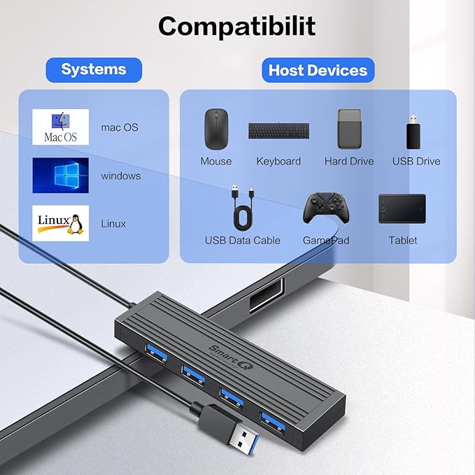4-Port USB 3.0 Ultra-Thin Data Hub, High-Speed USB Port Expander for Laptop, MacBook, iMac, Surface Pro, XPS, Flash Drives, Mobile HDD, Printers, and More (Slim USB Hub - 4 ft)