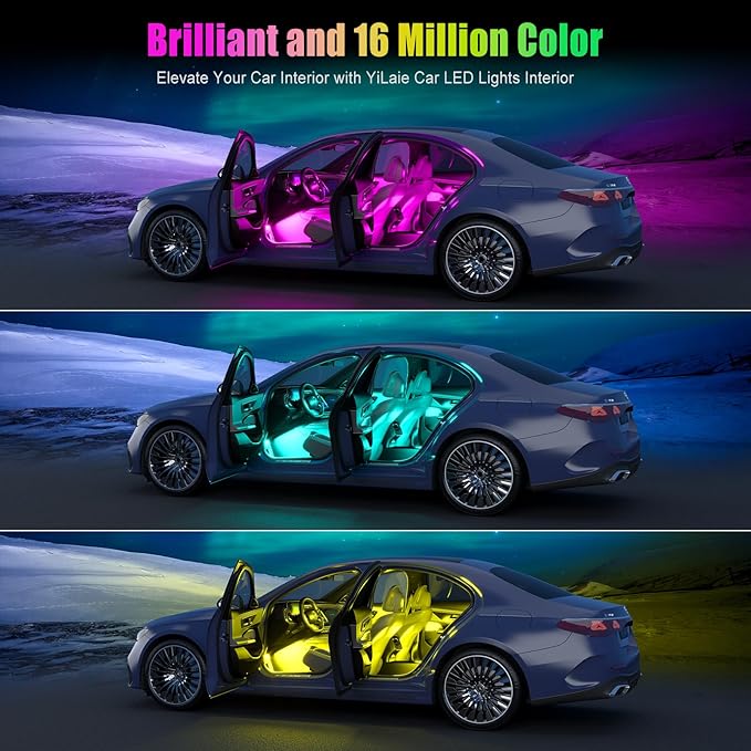 Yilaie Car Lights Interior, Multcolor RGB Interior Lights with APP Control and Music Sync, USB Under Dash Lighting Kit with Charger Dc 5v, Car Accessories for Women