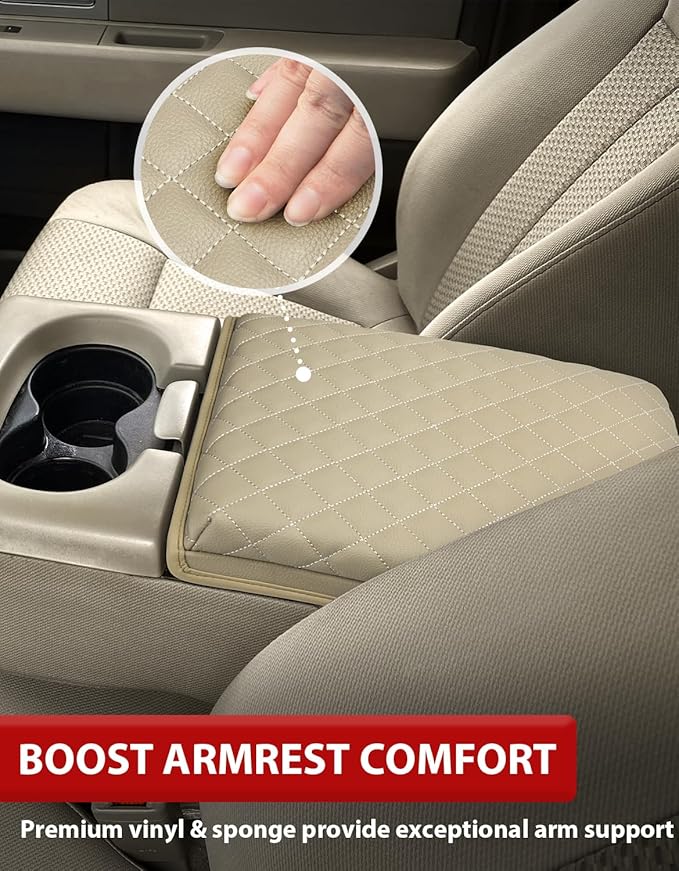 KBH Center Console Armrest Cushion Cover for Ford F150 2004 2005 2006 2007 2008 2009 2010, 40/20/40 Jump Seat, Vinyl Leather Trim, Anti-Scratch, Beige