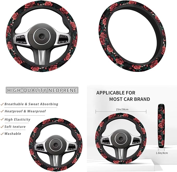 Rose Flower Print Car Steering Wheel Cover for Women 6pcs Car Interior Decor Set Handbrake Cover Cup Coaster Universal Fit Auto,Suvs,Truck