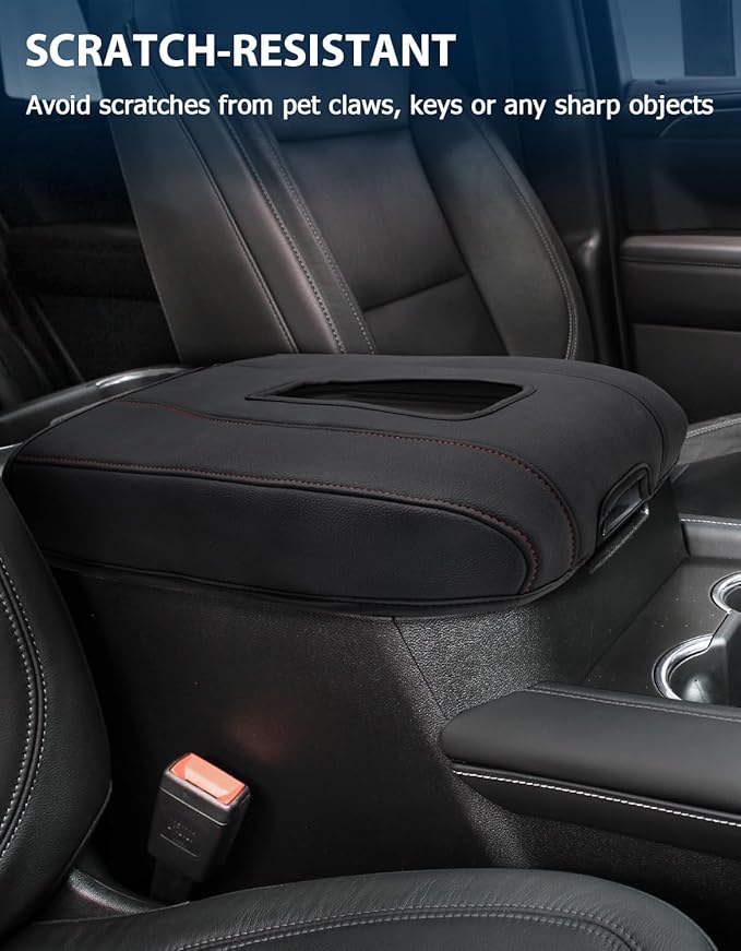 Center Console Cover for Chevy Silverado 1500 Accessories & GMC Sierra 2019-2026, Yukon & Tahoe & Suburban 2021-2026, Bucket Seat, PU Leather Armrest Middle Console Cover, Black-Red Stitch