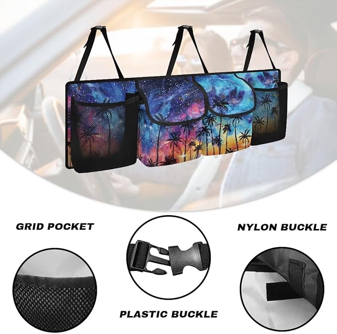 Sunset Palm Tree Car Backseat Hanging Trunk Organizer for SUV Car Storage Bag with 4 Pockets Multipurpose Adjustable Auto Interior Accessories