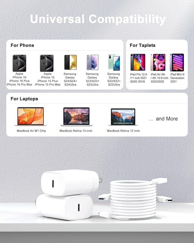 Type C Charger Fast Charging, 2Pack [10FT&6FT] Long USB C Cable with 25W Phone Super Fast Charger Block Compatible with Galaxy S25/S24/Plus/Ultra,iPhone 15/16/17/Air/Plus/Pro Max